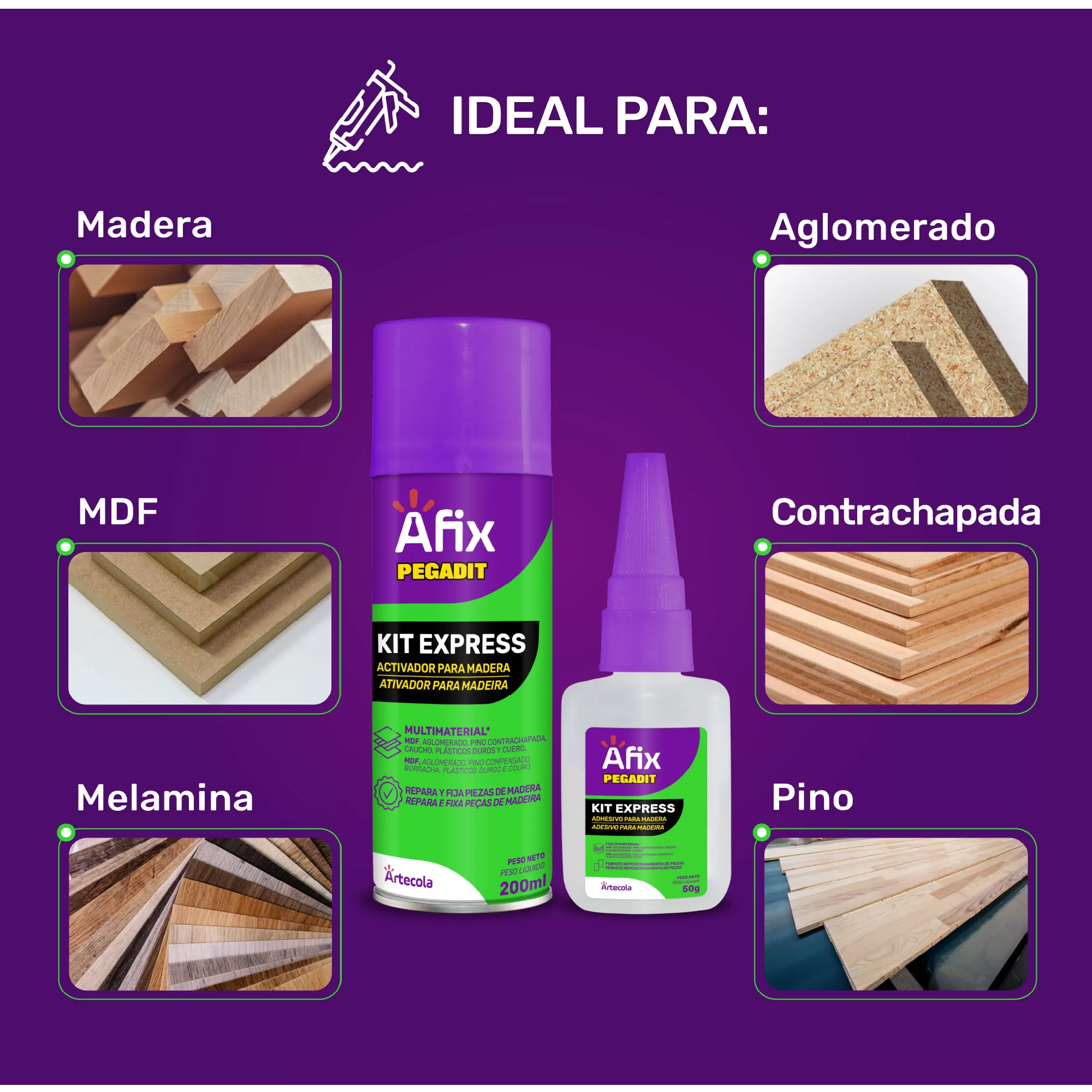 Pegante Para Madera Uso Profesional 100ml + Activador 200ml Afix - Imagen 5